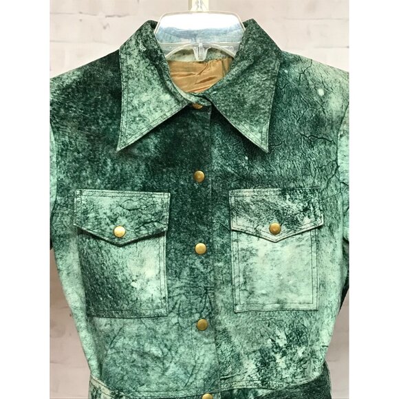 Vintage Small Marbled Green Textured Jacket Belt Gold Snap Buttons Suede Like - Picture 3 of 9